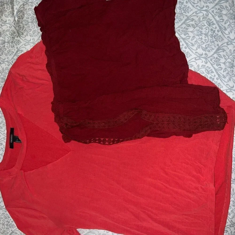 2 red shirts bundle set keyhole cutout t-shirt, and off the shoulder lacy eyelet